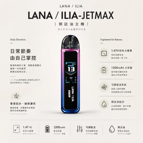 【買1贈煙油】LANA/ILIA-JETMAX聯名側注油主機套裝 1.47吋彩螢幕 可調氣流口感天花板定位 台灣現貨
