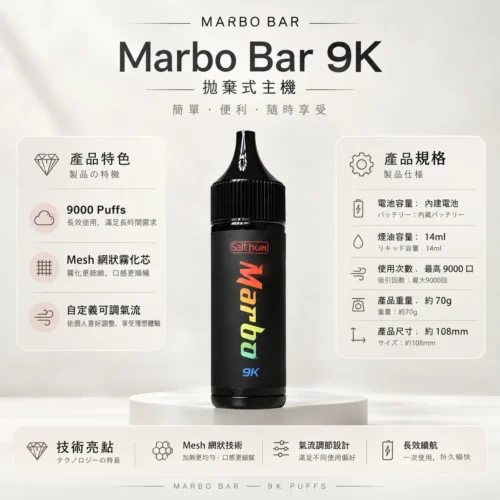 ChatGPT-Image-2026年8月23日-下午05_47_40.webp Marbo Bar 9000口拋棄式電子煙 650mAh電池 14ml油艙 Mesh網狀芯 Type-C快充 台灣現貨