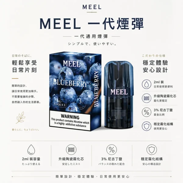 ChatGPT-Image-2026年8月23日-下午06_26_32.webp MEEL 一代通用煙彈 升級陶瓷芯高解析霧化結合 2ml 大容量規格 定位高 CP 值通用替換煙彈