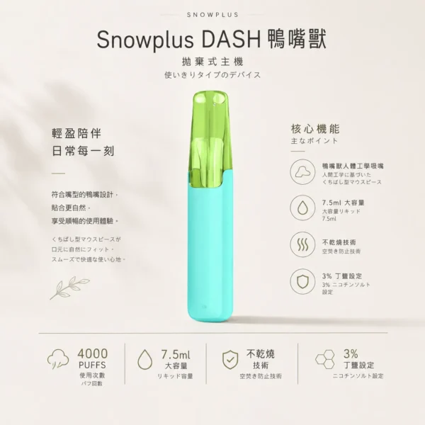 ChatGPT-Image-2026年8月24日-下午09_48_46.webp Snowplus DASH 4000口拋棄式電子煙 鴨嘴獸人體工學吸嘴 7.5ml大容量 台灣現貨秒發