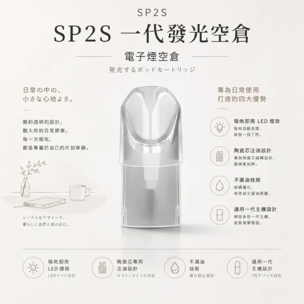 SP2S 一代發光替換空倉 搭載吸吮即亮炫彩LED與風味還原陶瓷芯 升級不漏油密封設計