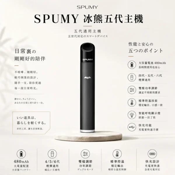ChatGPT-Image-2026年8月25日-下午07_43_02.webp SPUMY 冰熊 五代通用小煙主機 隨身攜帶外出備用首選 480mAh 全天候續航免焦慮 台灣現貨秒發