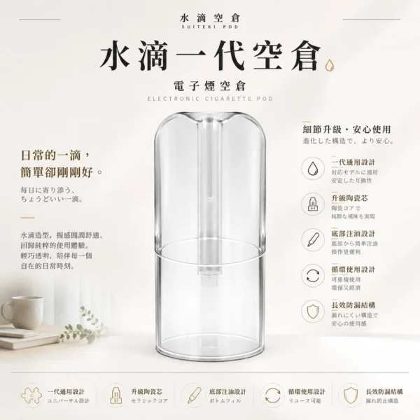 ChatGPT-Image-2026年8月25日-下午10_56_17.webp 水滴空倉 一代通用空煙彈 規格搭載底部注油孔設計 升級陶瓷芯霧化結構 適用一代主機