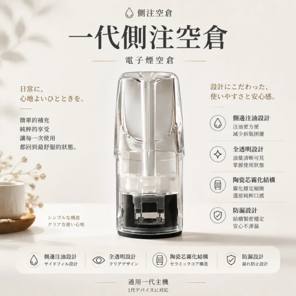 ChatGPT-Image-2026年8月25日-下午10_58_06.webp 側注空倉 一代通用空煙彈 採用側邊注油防漏防氣泡機制 搭配發熱陶瓷芯技術