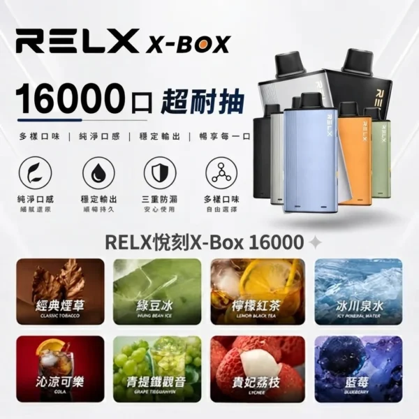 RELX-X-box-16000-RELX拋棄式16000口-RELX電子煙官網.webp RELX悅刻 X-BOX系列 16000口專用換彈拋棄式電子煙套裝 可替換煙彈系統 台灣現貨秒發