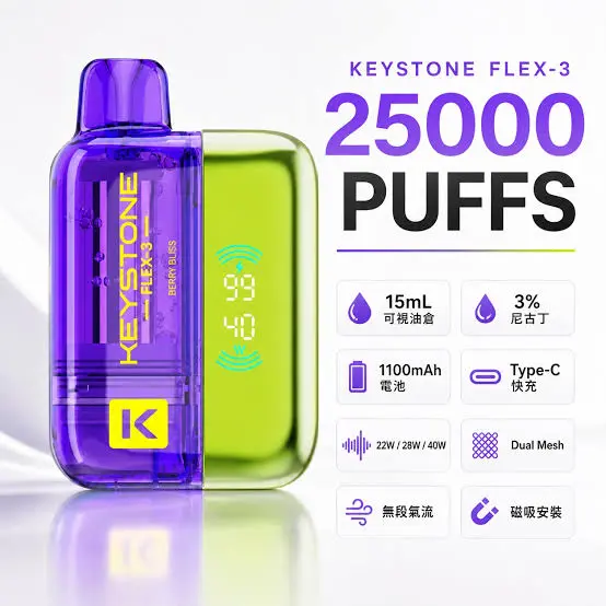 images.webp 【買一盒煙彈送主機】相容KEYSTONE FLEX-3 鑰石25000口大容量拋棄式電子煙 15ml透明可視油艙替換系統 台灣現貨